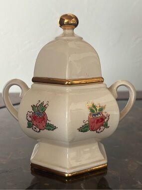 Cream Vintage Sugar Bowl Strawberry PatternCeramic Gold Trim Cottage Decor